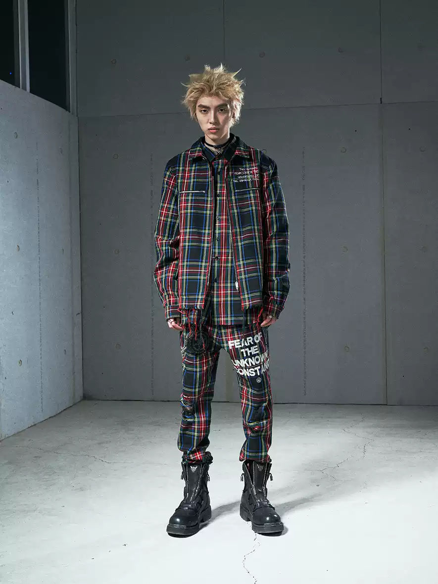 VENTUREK Punk Rock Distressed Fringe Plaid Lapel Jacket