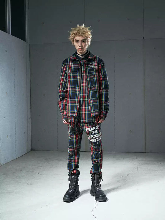 VENTUREK Punk Rock Distressed Fringe Plaid Lapel Jacket