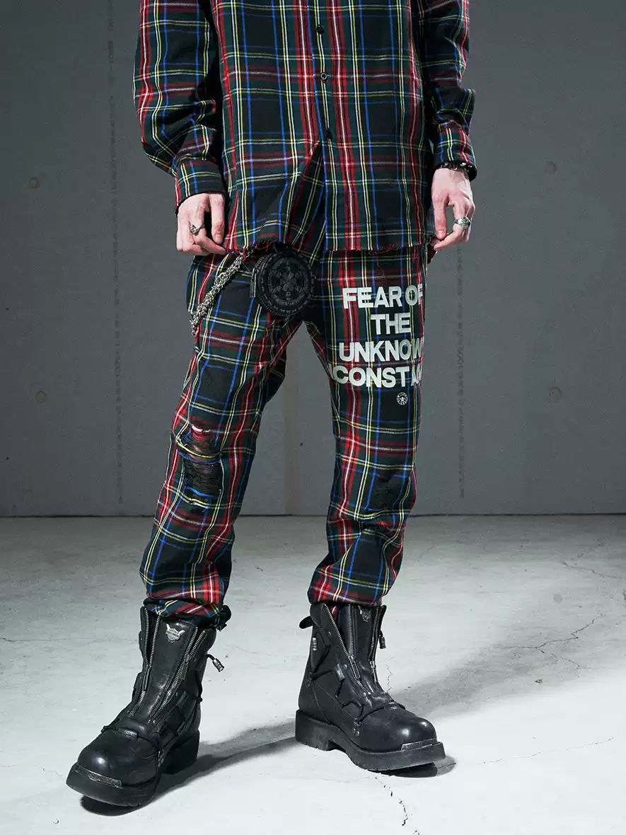 VENTUREK Punk Rock Zipper Design Casual Slim Fit Plaid Trousers