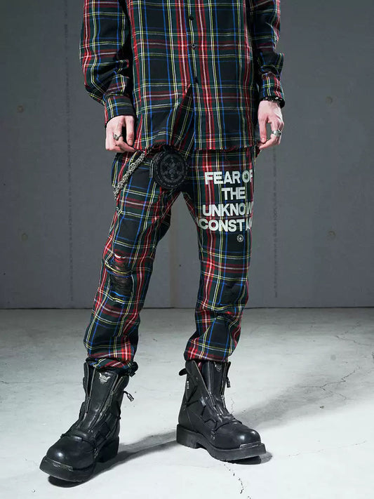 VENTUREK Punk Rock Zipper Design Casual Slim Fit Plaid Trousers