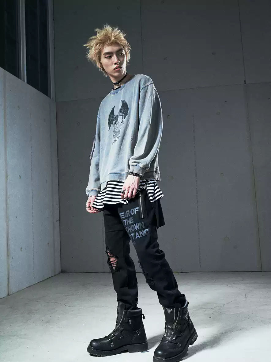 VENTUREK Punk Rock Destroyed Zip Design Casual Slim Fit Washed Black Pants