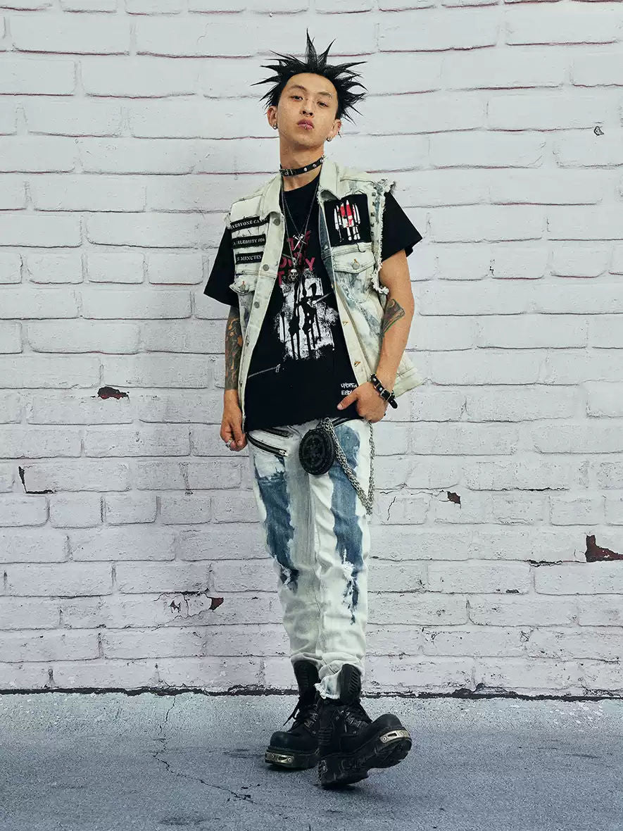 Venturek Vintage Washed Distressed Frayed Denim Vest Men's Loose Fit