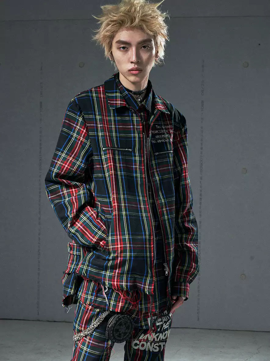 VENTUREK Punk Rock Distressed Fringe Plaid Lapel Jacket