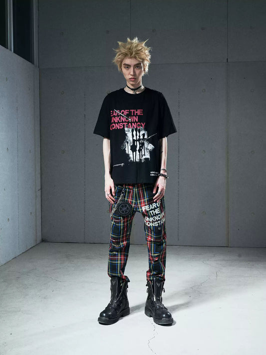 VENTUREK Punk Rock Deconstructed Zipper Letter Print Layered Short Sleeve T-Shirt Men's Streetwear