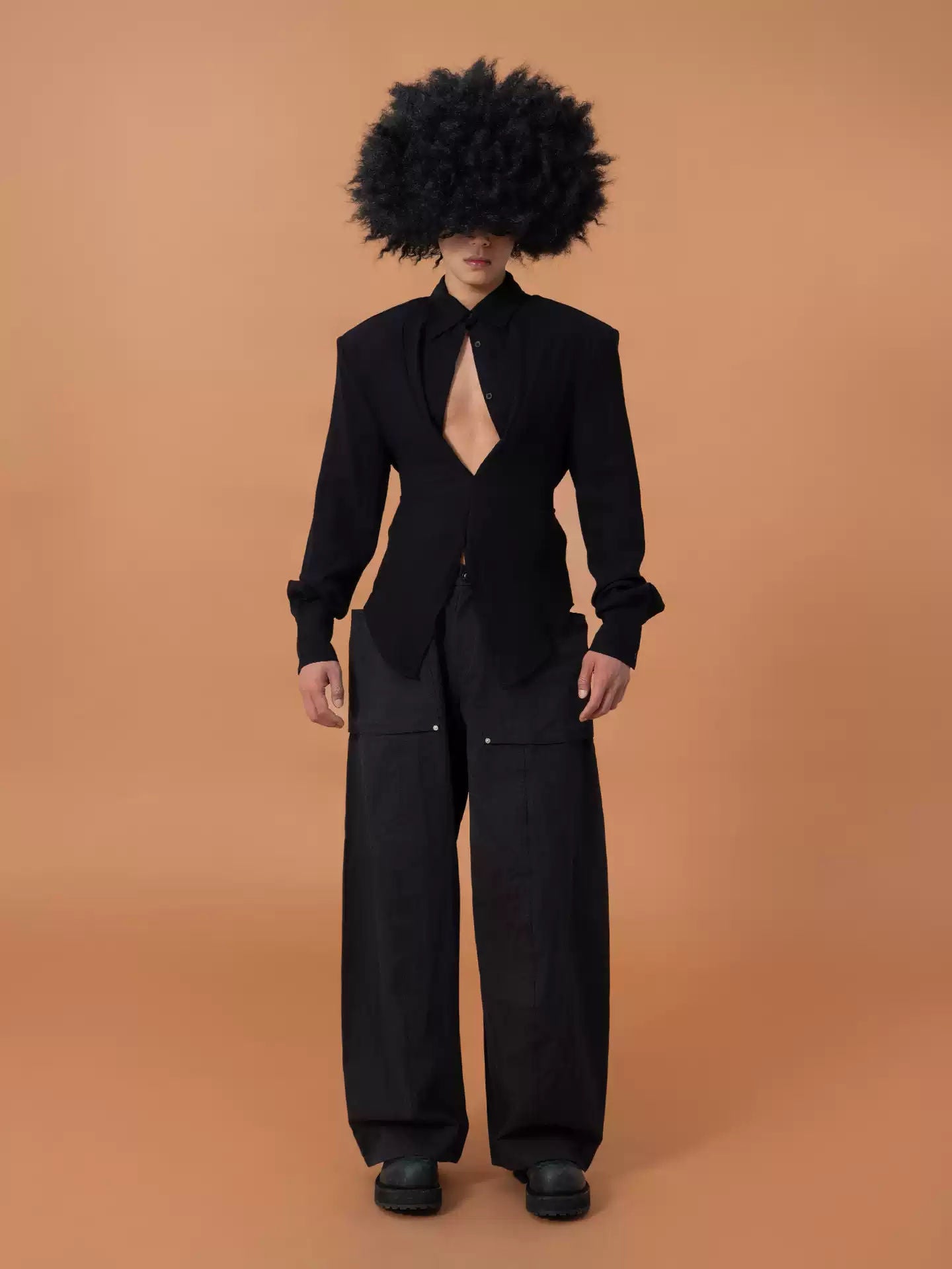 Black 3D Cut Deep V Waist Slim Long Sleeve Shirt