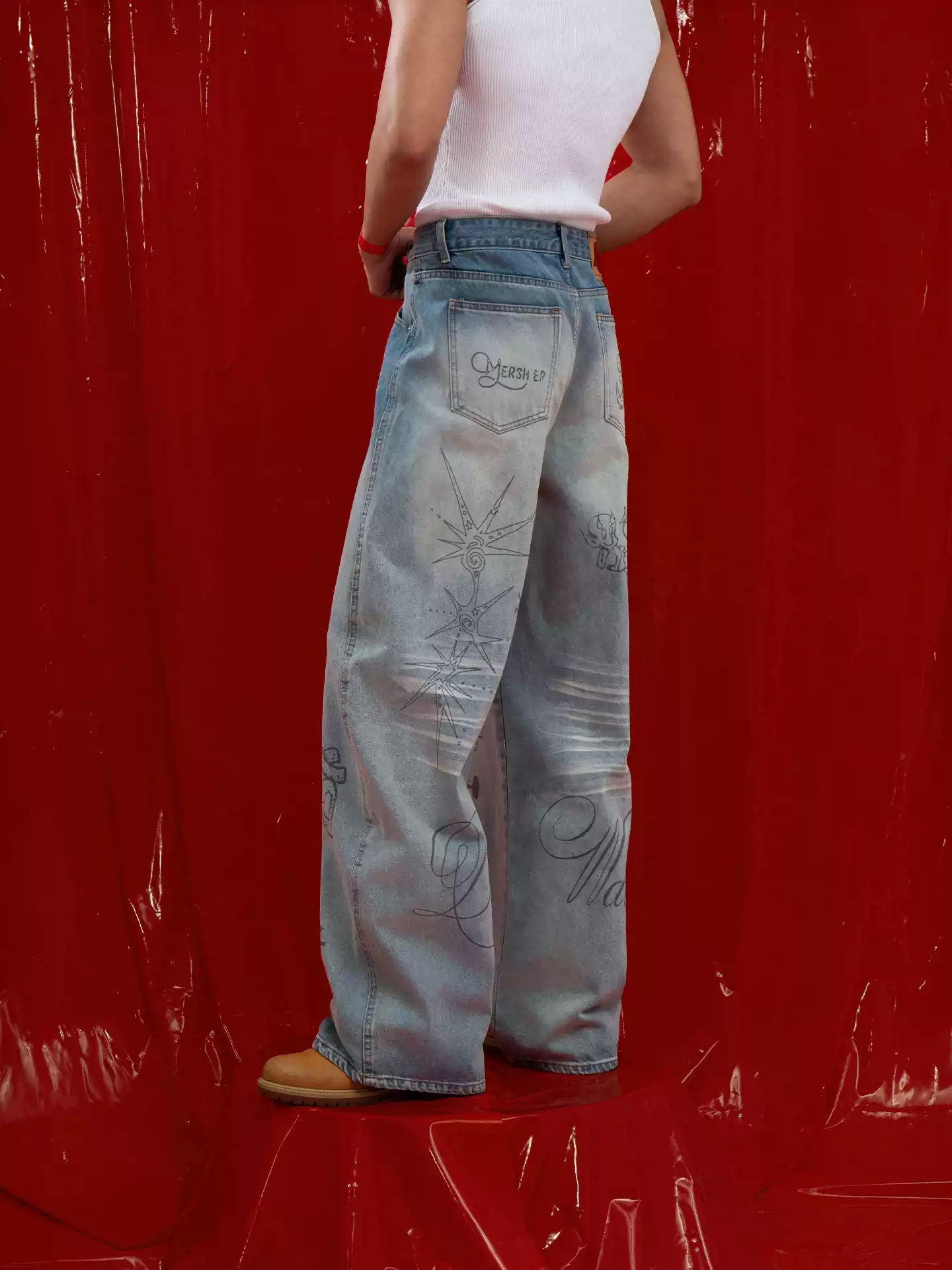 Blue Cartoon Graffiti Print Jeans Men's Loose Straight Retro Washed Gradient Casual Streetwear
