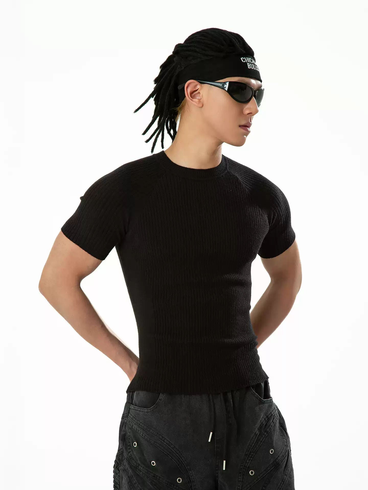 CLP Black White Gray Raglan Sleeve Knit Short-Sleeve T-Shirt Men's Slim Fit Elastic Casual Fitness Top
