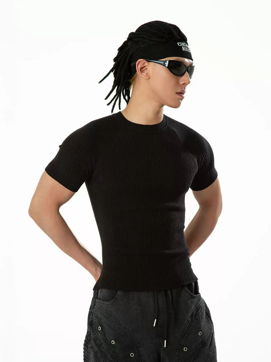 CLP Black White Gray Raglan Sleeve Knit Short-Sleeve T-Shirt Men's Slim Fit Elastic Casual Fitness Top