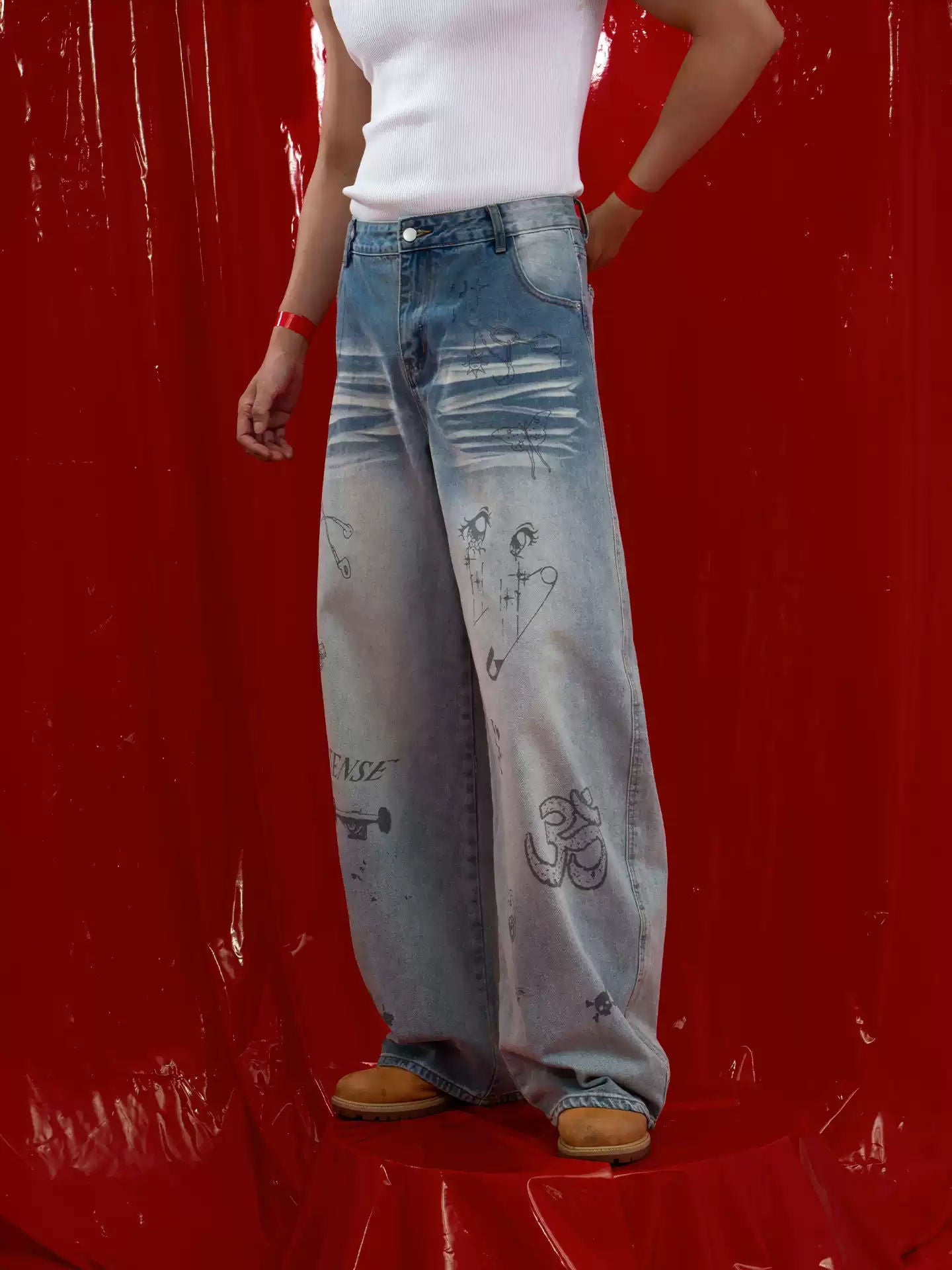 Blue Cartoon Graffiti Print Jeans Men's Loose Straight Retro Washed Gradient Casual Streetwear