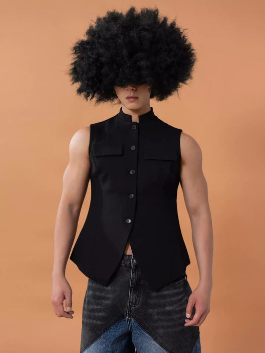 CLP Black Slim Stand Collar Chinese Tunic Vest Men's Women's Retro Short