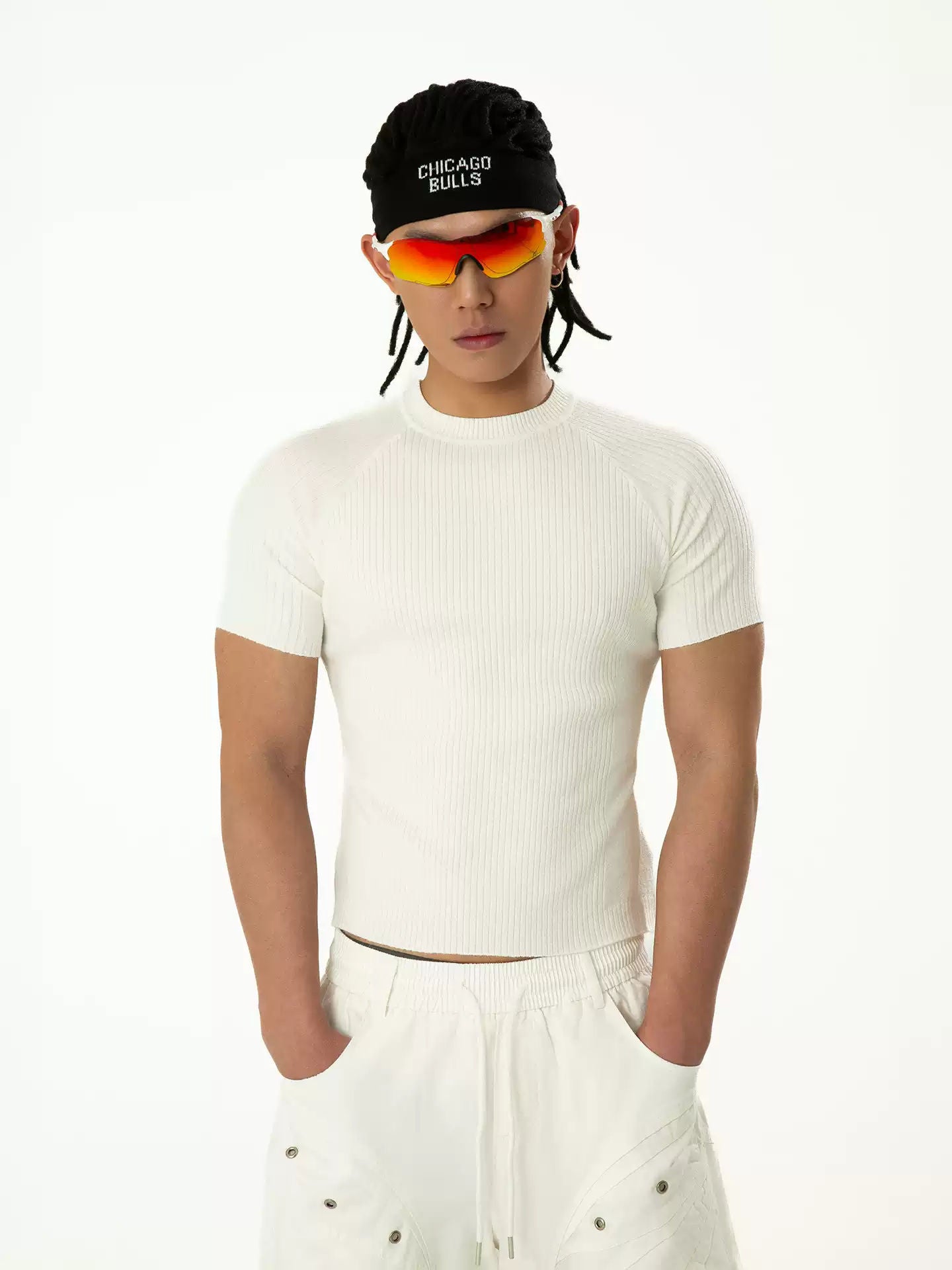 CLP Black White Gray Raglan Sleeve Knit Short-Sleeve T-Shirt Men's Slim Fit Elastic Casual Fitness Top