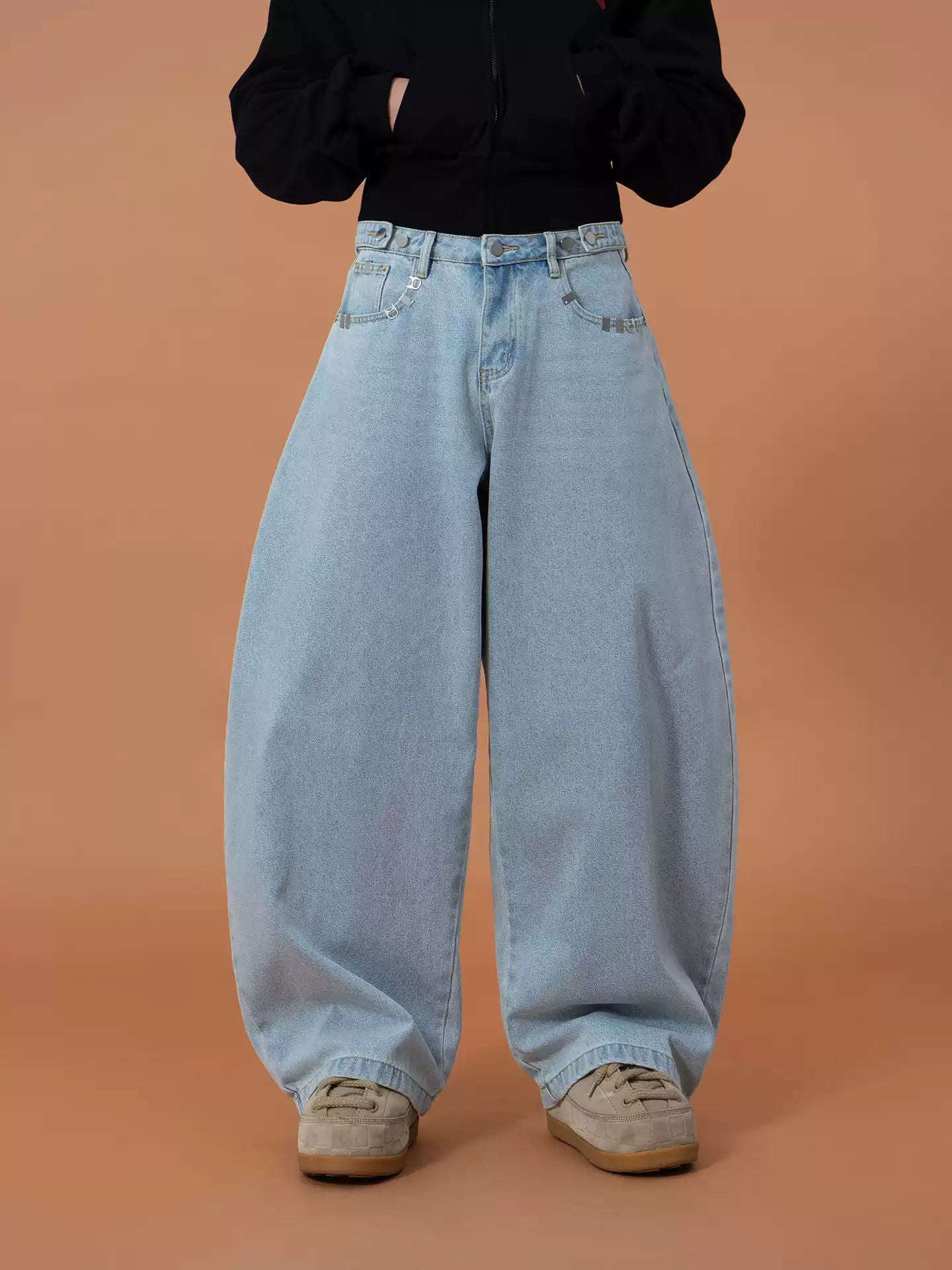 CLP Light Blue Metal Decoration Pocket Curved Knife Jeans Men's Loose Wide Leg Casual Retro