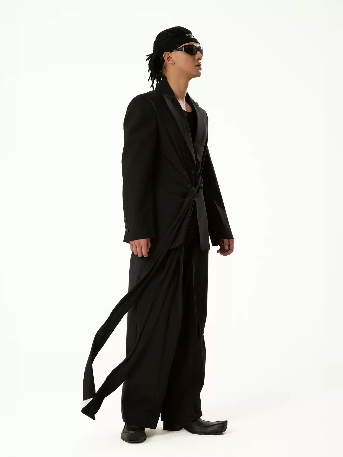 Black Ribbon Pleated Waist Blazer Men's Women's Long Sleeve Retro Deconstructed Wool Chic