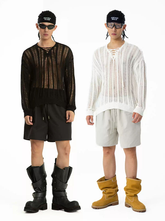 CLP Black White Knitted Hollow Out T-Shirt Men's Long Sleeve Loose Breathable Thin Mesh Striped Streetwear
