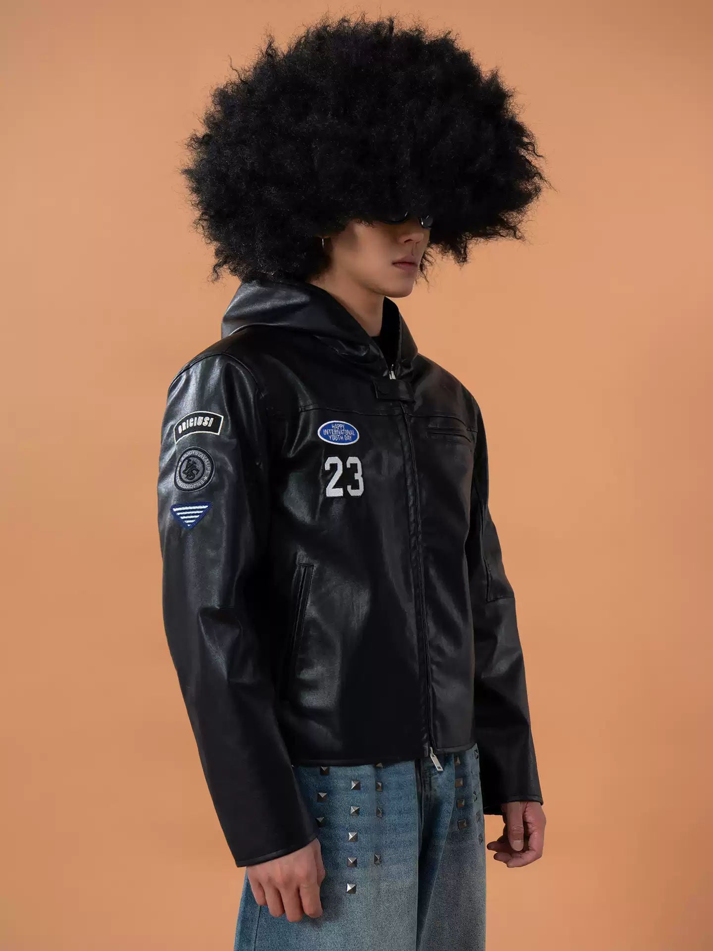 CLP Black Hooded Leather Jacket Men's Loose Retro Motorcycle PU Casual Streetwear
