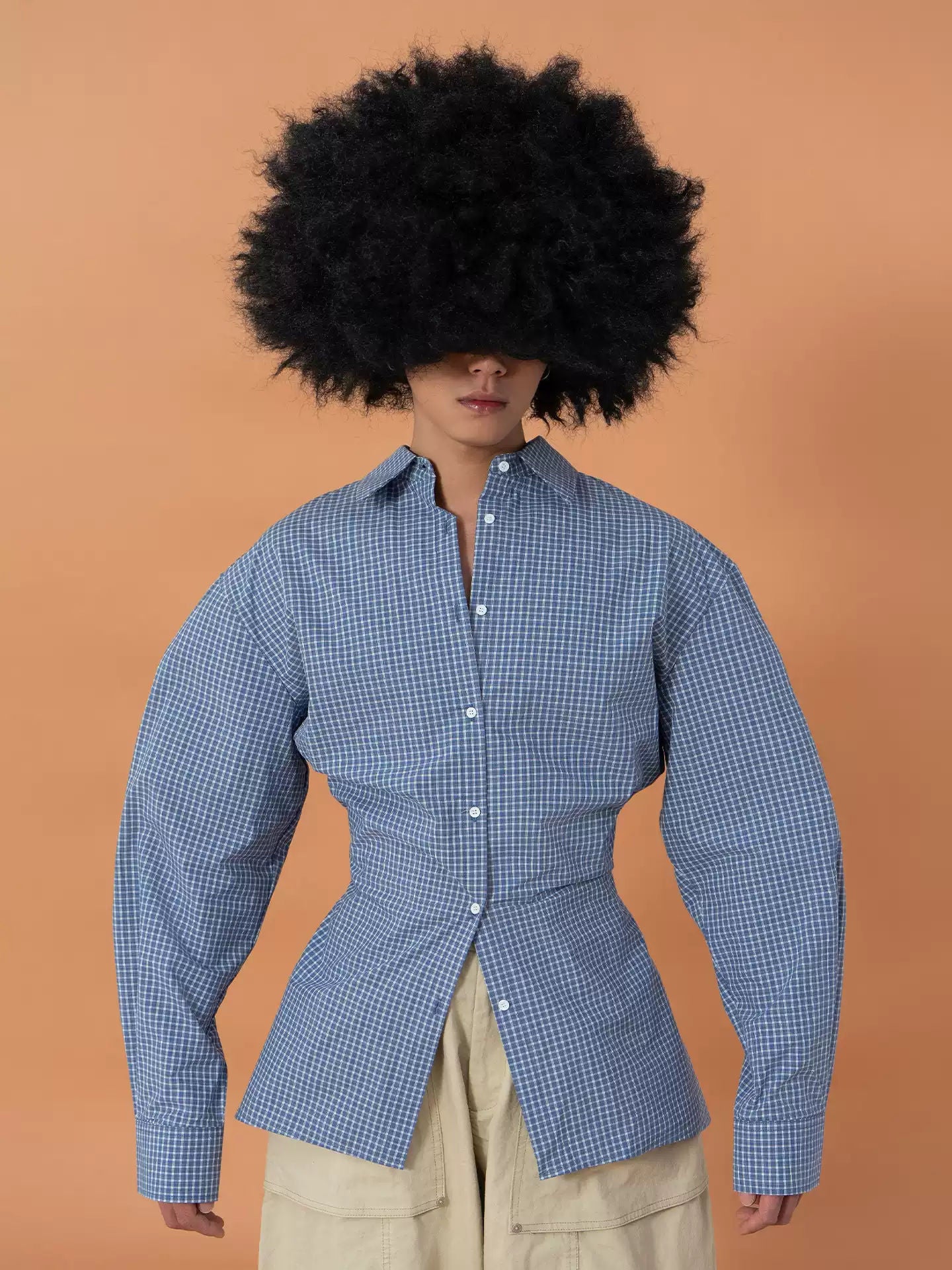 Blue Plaid Hourglass Waist Long Sleeve Shirt Slim Fit Retro