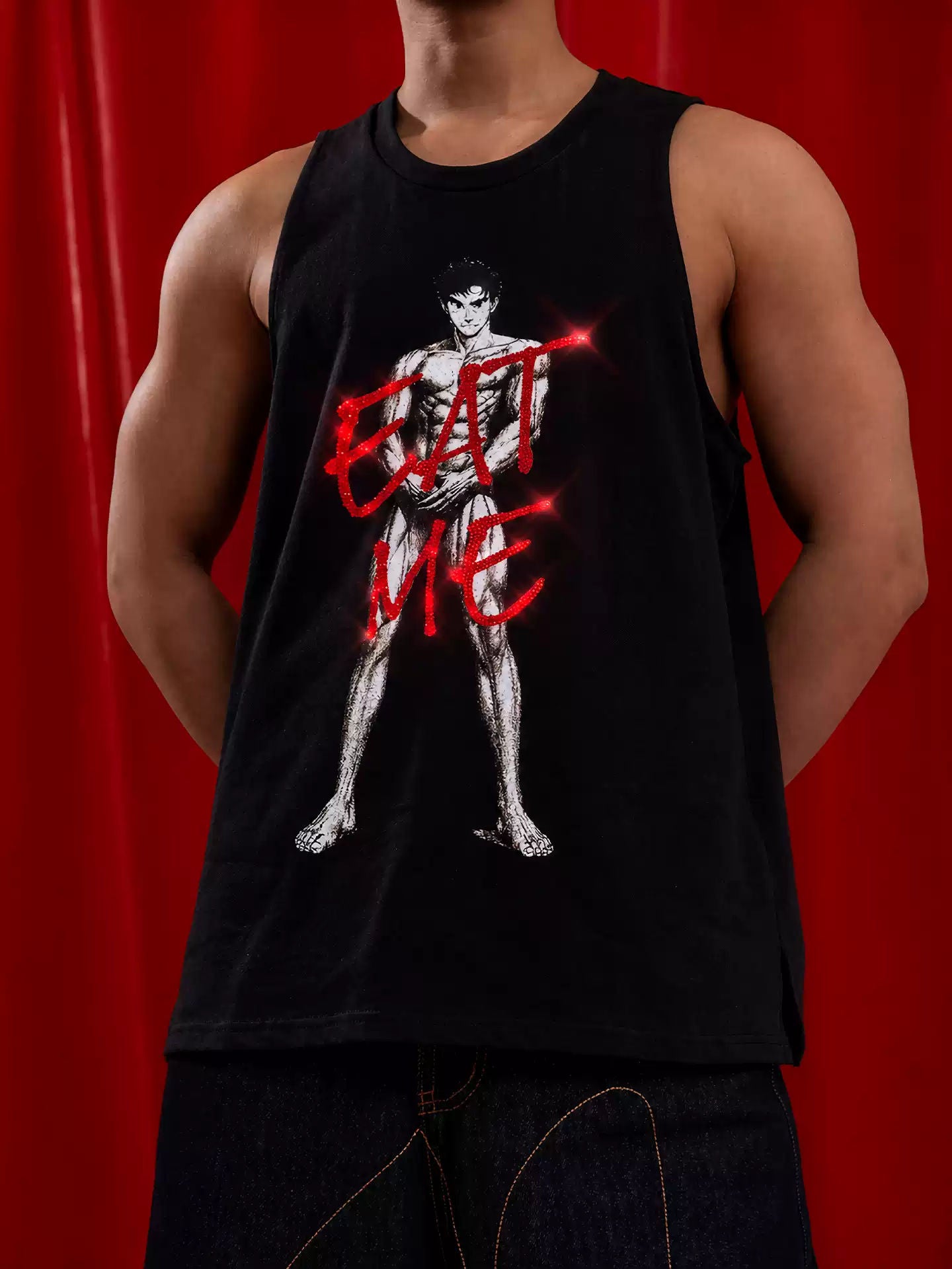 CLP Black Retro Comic EATME Rhinestone Print Loose Tank Top Men's Fitness Gym Muscle Vest American Streetwear