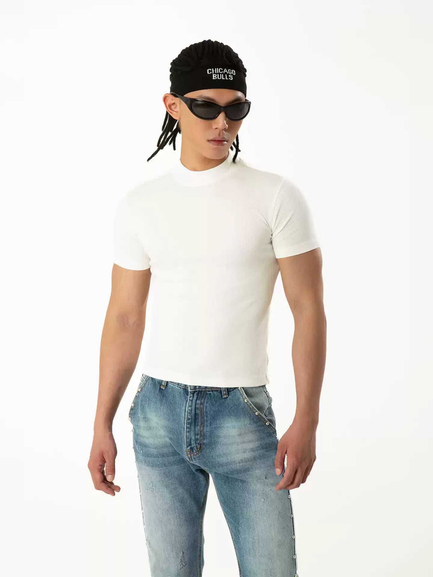 CLP Black White High Neck Slim Fit Knit T-Shirt Men's Stretch Casual Y2K