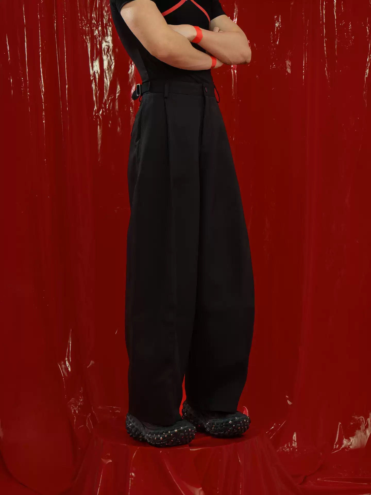 CLP Black Coffee Retro Double Pleat Curved Knife Casual Pants Men's Loose Straight High Waist