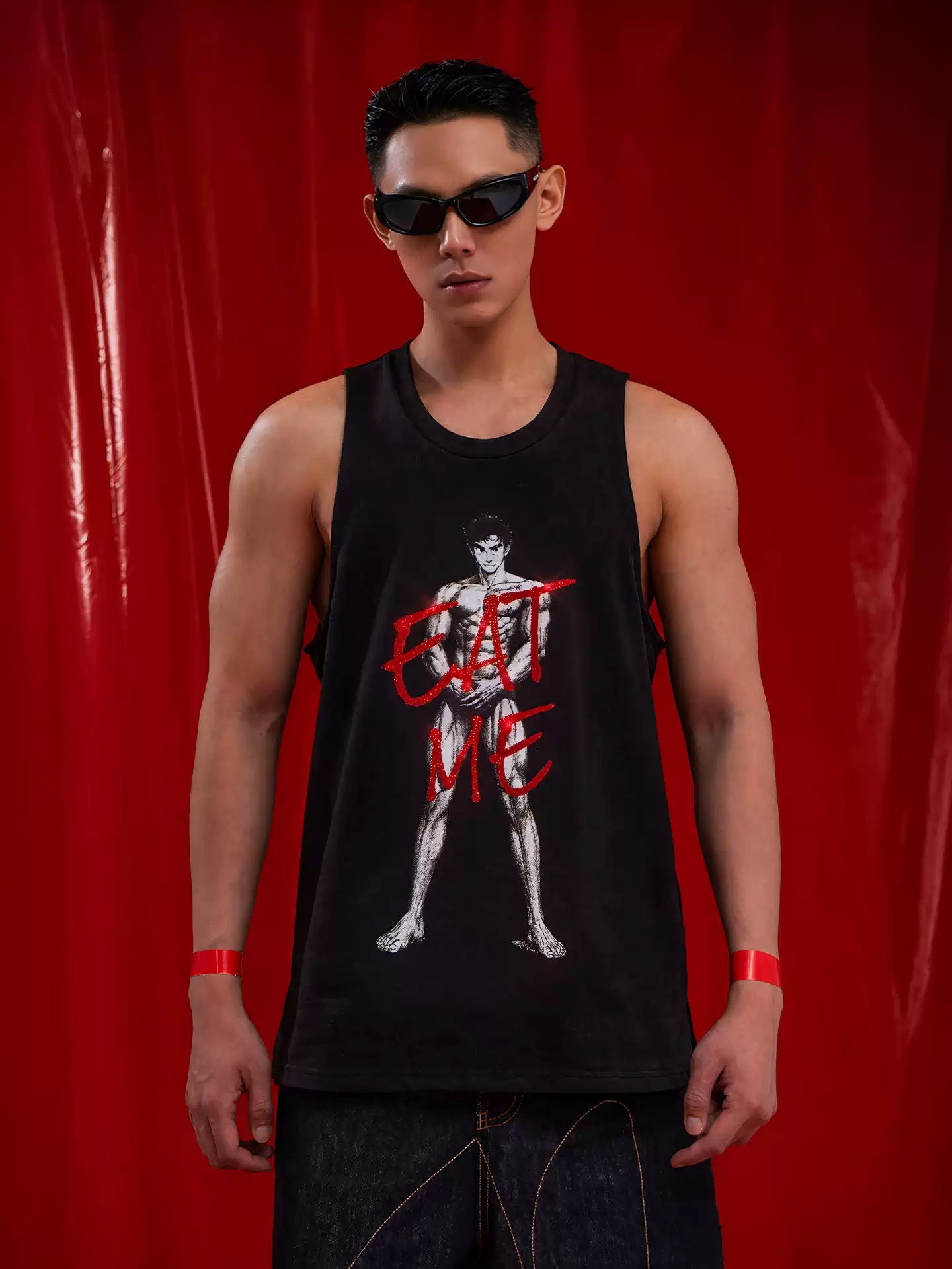 CLP Black Retro Comic EATME Rhinestone Print Loose Tank Top Men's Fitness Gym Muscle Vest American Streetwear