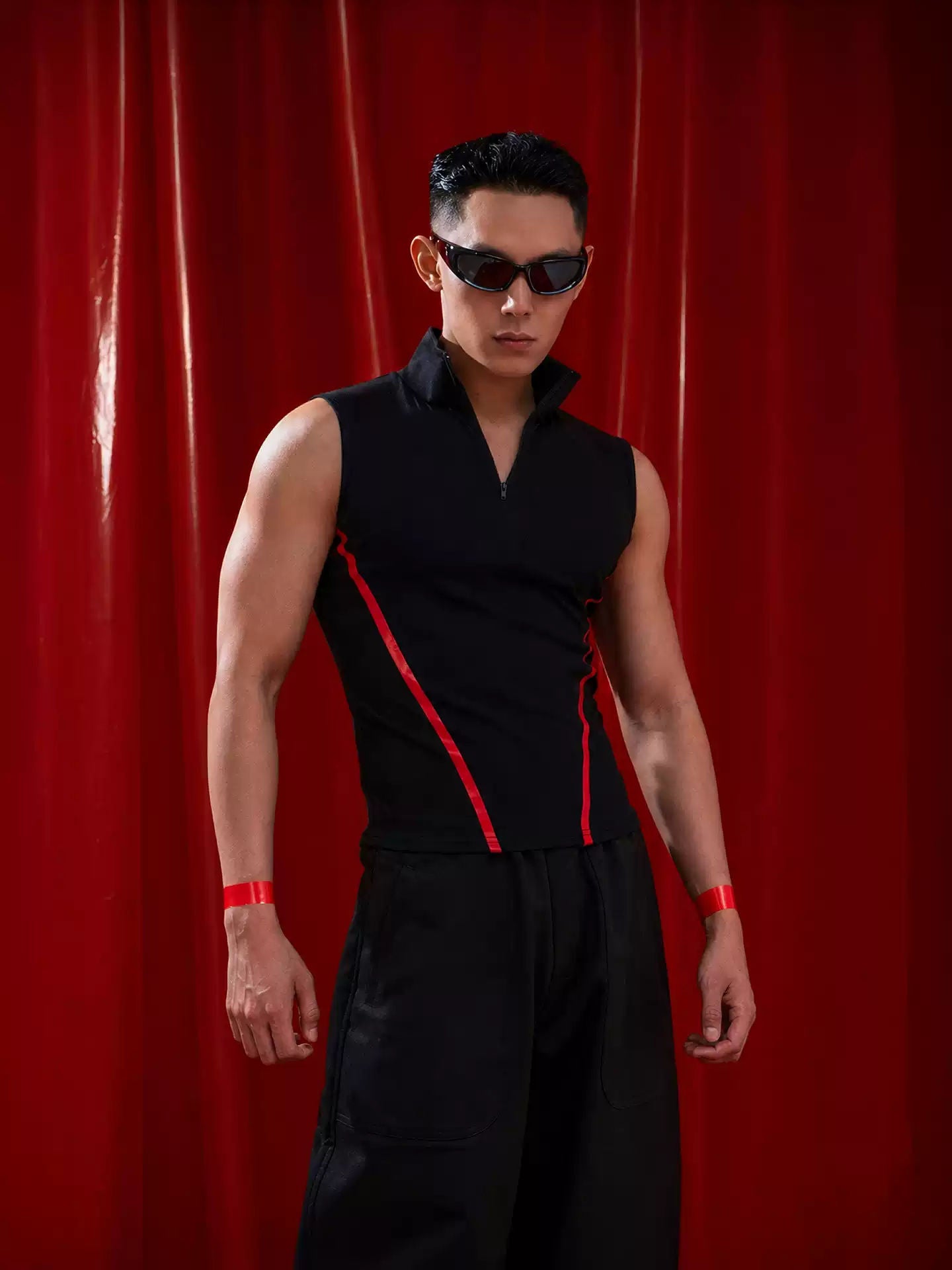 CLP Black Red V-Stripe Stand Collar Zip Sleeveless Polo Vest Men's Slim Fit Muscle Elastic Short Tight