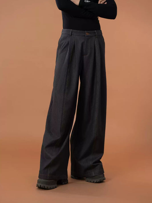 CLP Gray Denim Texture Casual Pants Pleated Trousers Men's Loose Straight Wide Leg Retro Elastic Waist