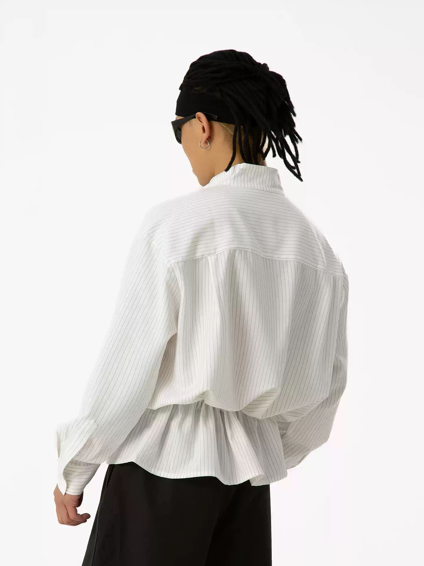 CLP White Drawstring Waist Stripe Shirt Men's Long Sleeve V-Neck Loose Casual Retro