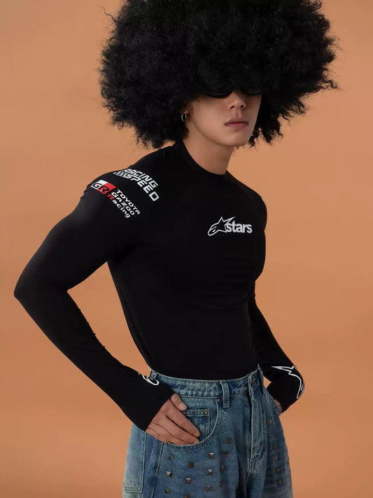 CLP Black Racing Print Tight Long Sleeve T-Shirt Men's Slim Fit Hollow Breathable Casual Y2K