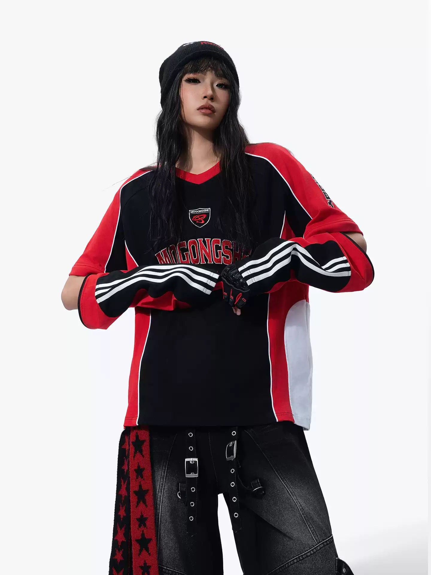 MOGONGSHE American Retro Heavy Washed Motorcycle Patchwork Embroidery Long Sleeve Detachable T-Shirt