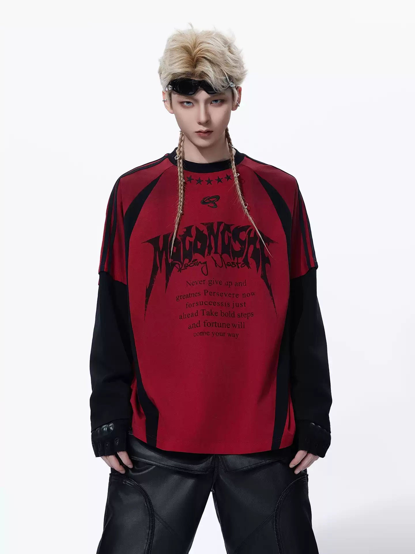 MOGONGSHE Dark Street Style Contrast Color Long Sleeve T-Shirt With Patchwork Distressed Print Logo