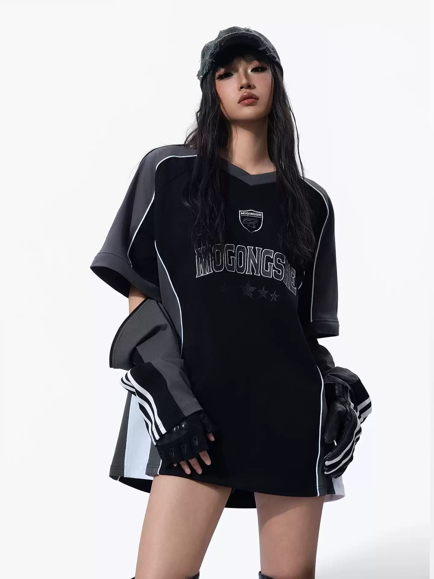 MOGONGSHE American Retro Heavy Washed Motorcycle Patchwork Embroidery Long Sleeve Detachable T-Shirt