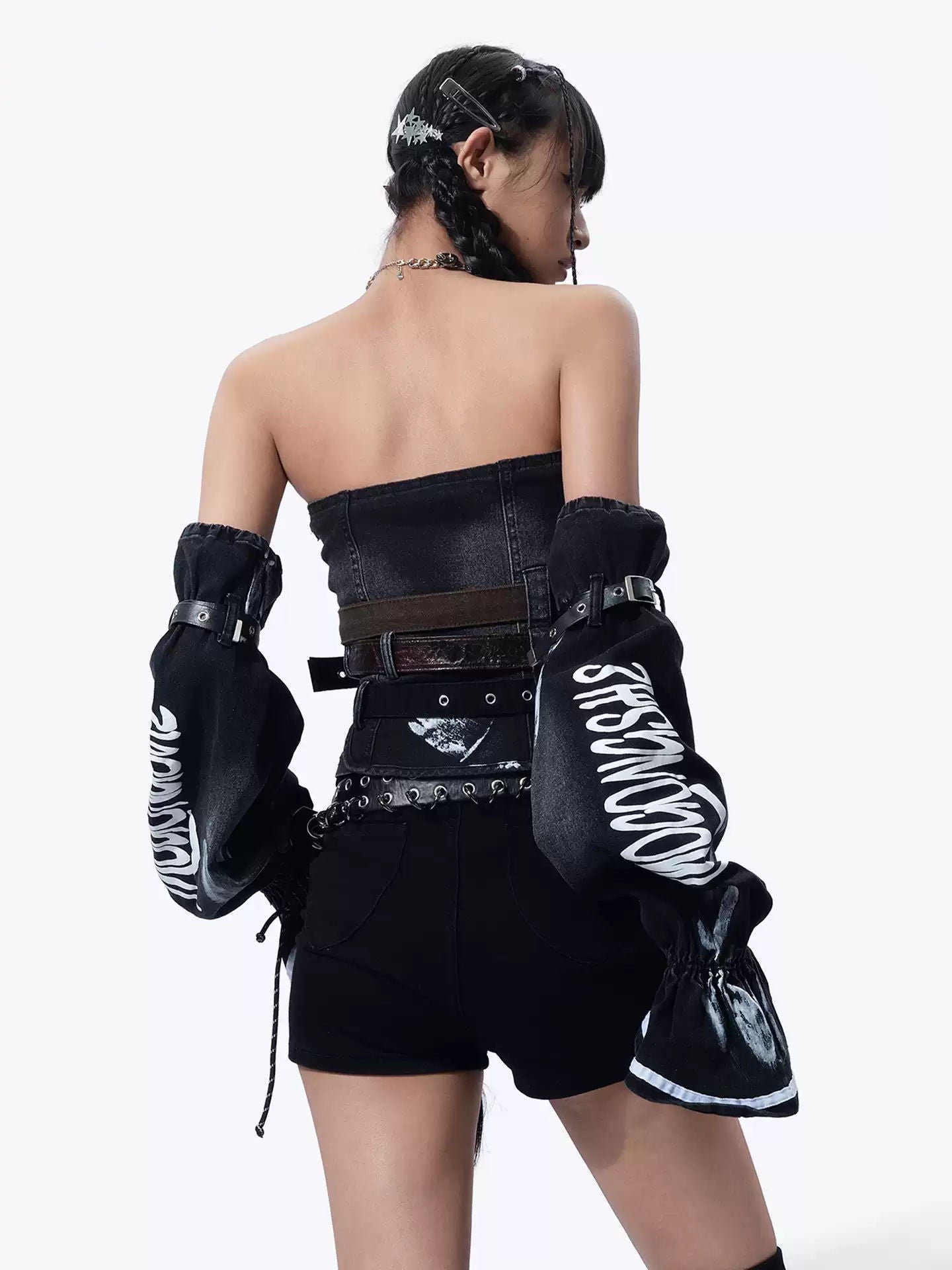 MOGONGSHE American Retro Sexy Tube Top Crop Top Letter Pattern Denim Bustier Set