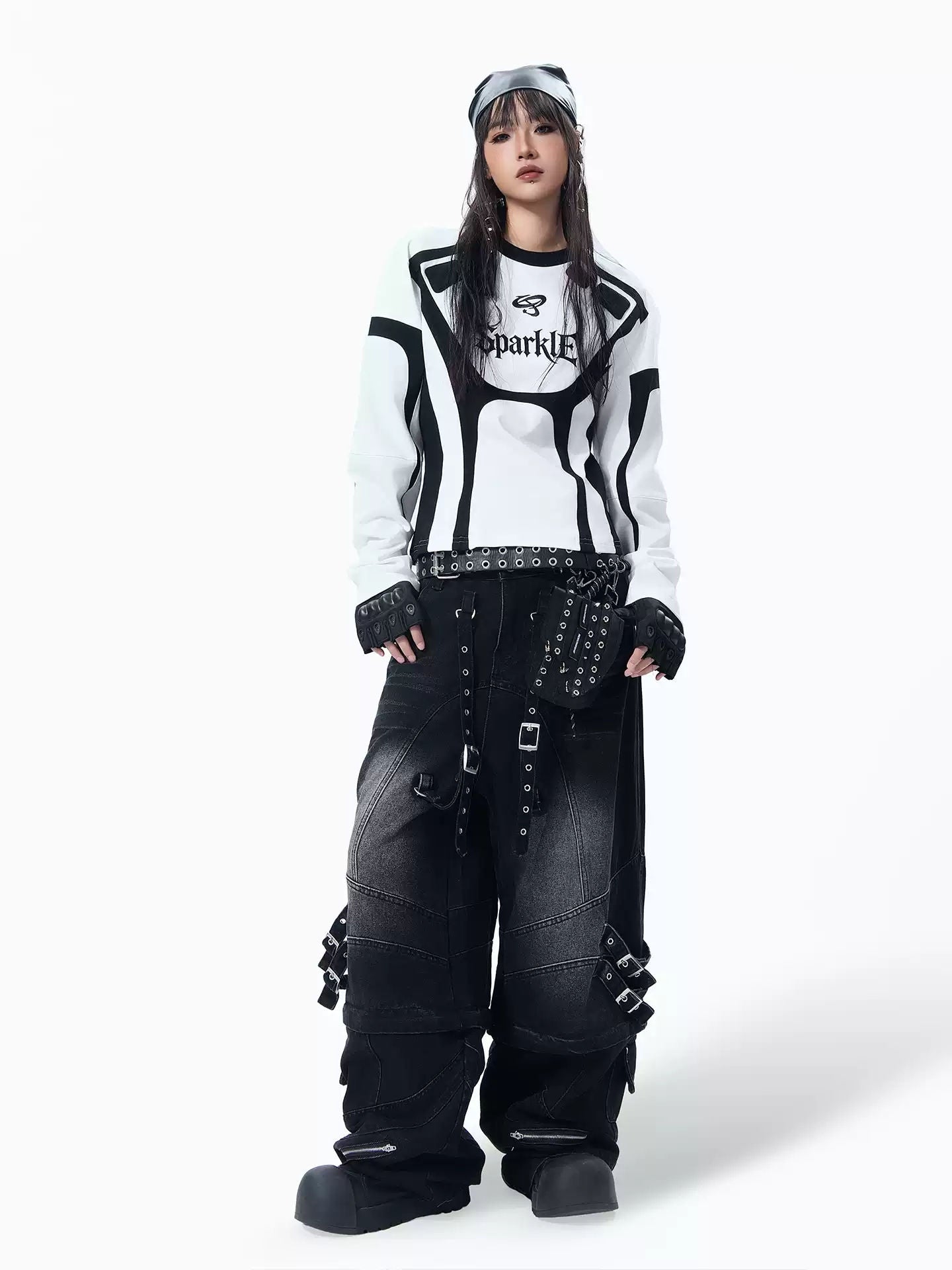 MOGONGSHE Racing Letter Patchwork Long Sleeve Shirt Vintage Motorcycle Style Slim Fit Crop Top
