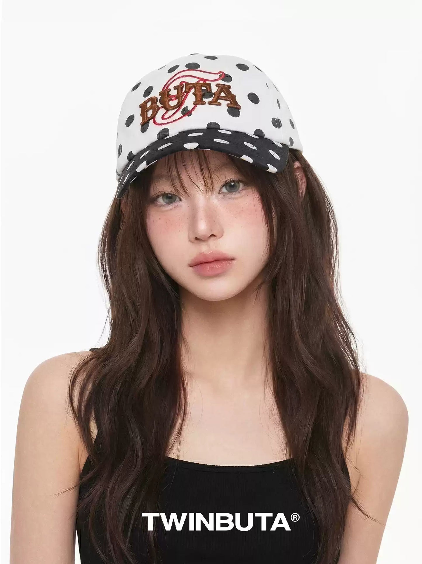 TWINBUTA Polka Dot Contrast Cutout Embroidery Baseball Cap
