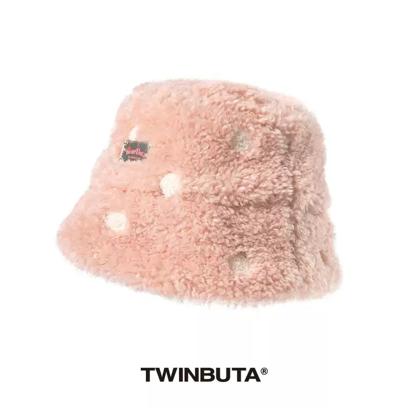 TWINBUTA Pink Fleece Polka Dot Embroidery Bucket Hat Winter Warm