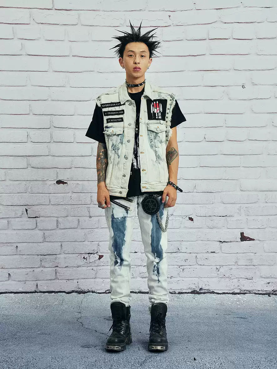 Venturek Vintage Punk Rivet Zipper Distressed Washed Frayed Slim Jeans Men