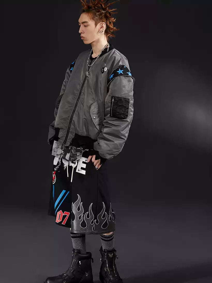 VENTUREK Vintage Punk Zipper Distressed Quilted Bomber Jacket Men's Loose Fit Winter MA1