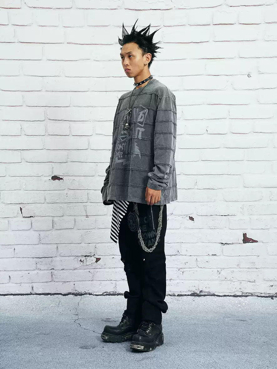 VENTUREK Vintage Deconstructed Punk Rock Washed Gray Patchwork Distressed Printed Long Sleeve T-Shirt