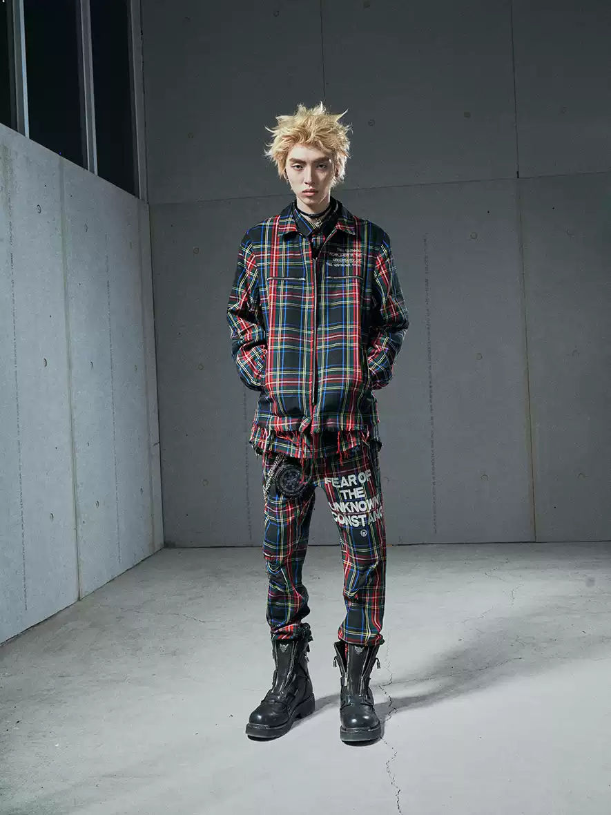 VENTUREK Punk Rock Zipper Design Casual Slim Fit Plaid Trousers