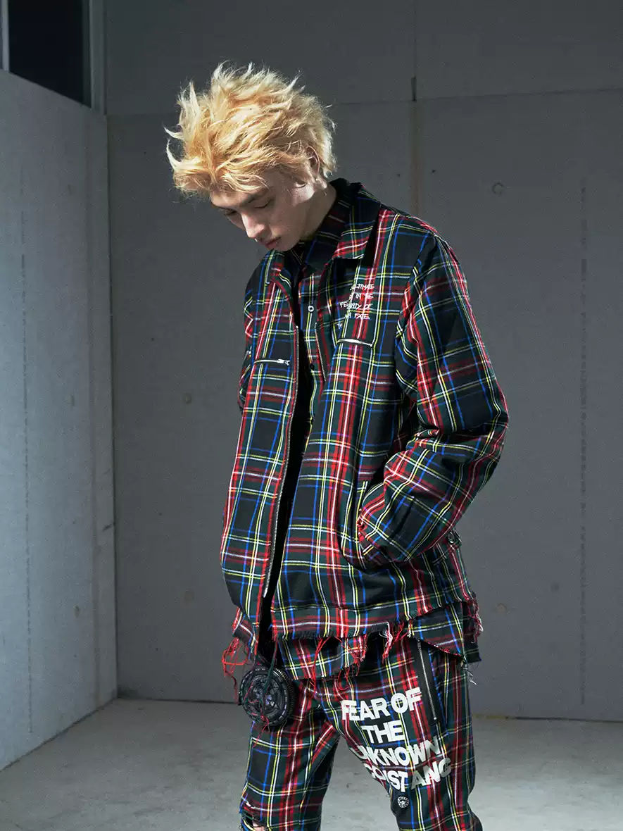 VENTUREK Punk Rock Distressed Fringe Plaid Lapel Jacket