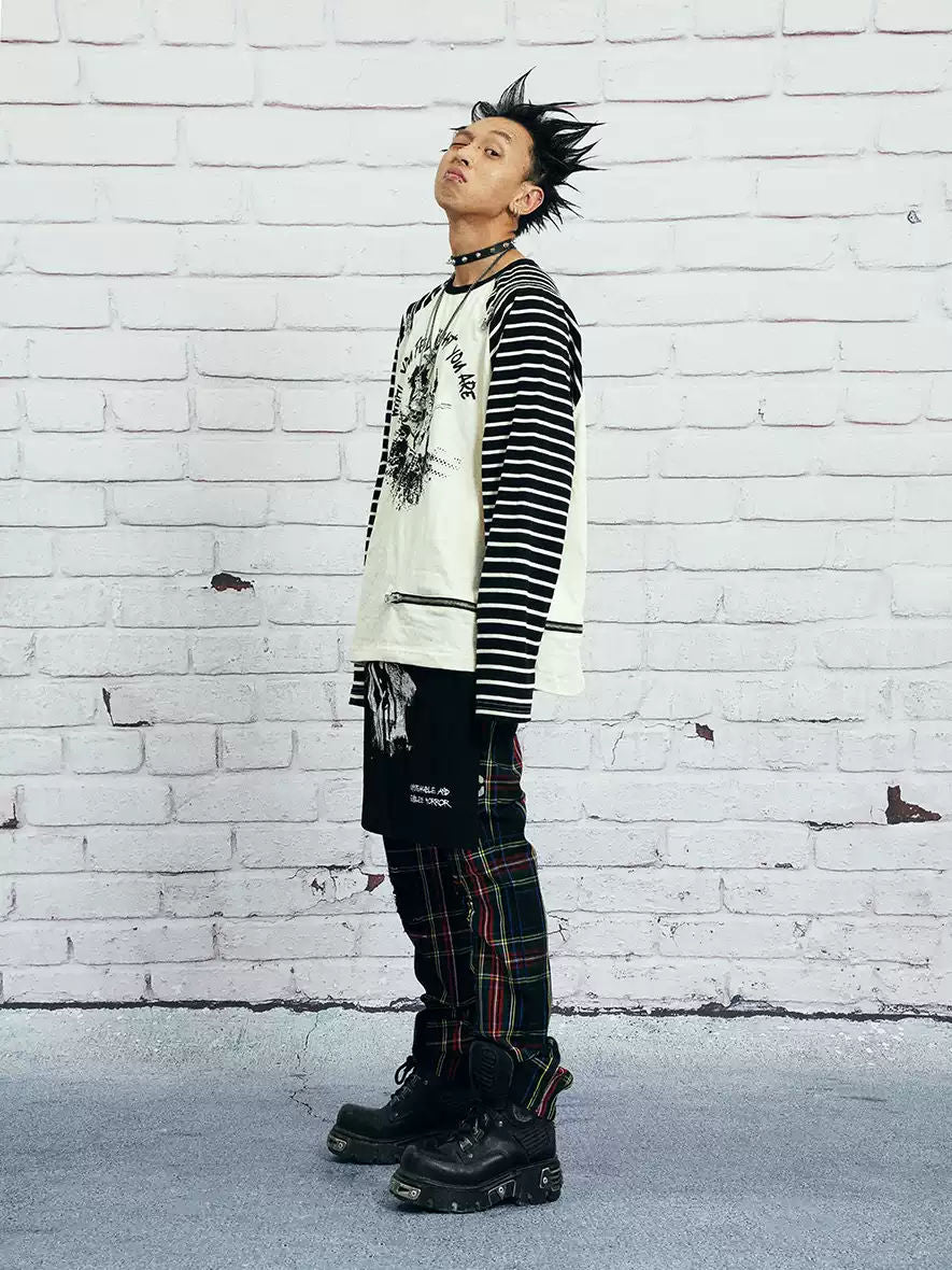 VENTUREK Punk Rock Zipper Casual Loose Striped Print Raglan Long Sleeve T-Shirt