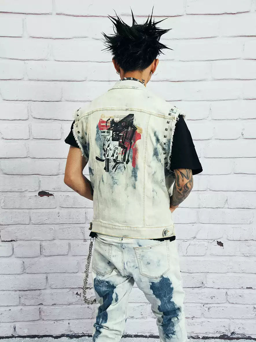Venturek Vintage Washed Distressed Frayed Denim Vest Men's Loose Fit