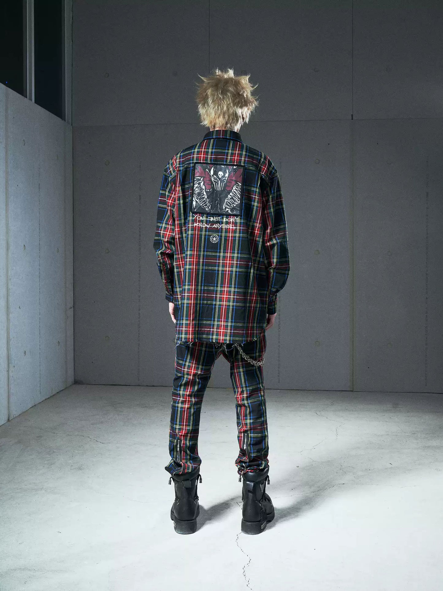 VENTUREK Punk Rock Washed Patchwork Print Long Plaid Shirt Casual Loose