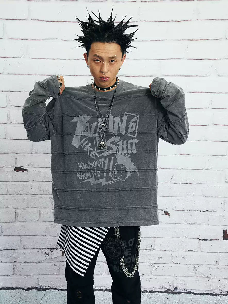 VENTUREK Vintage Deconstructed Punk Rock Washed Gray Patchwork Distressed Printed Long Sleeve T-Shirt