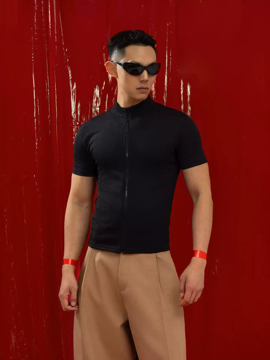 Black High Neck Zip Short Sleeve T-Shirt Men's Slim Fit Stretchy Casual Summer Top