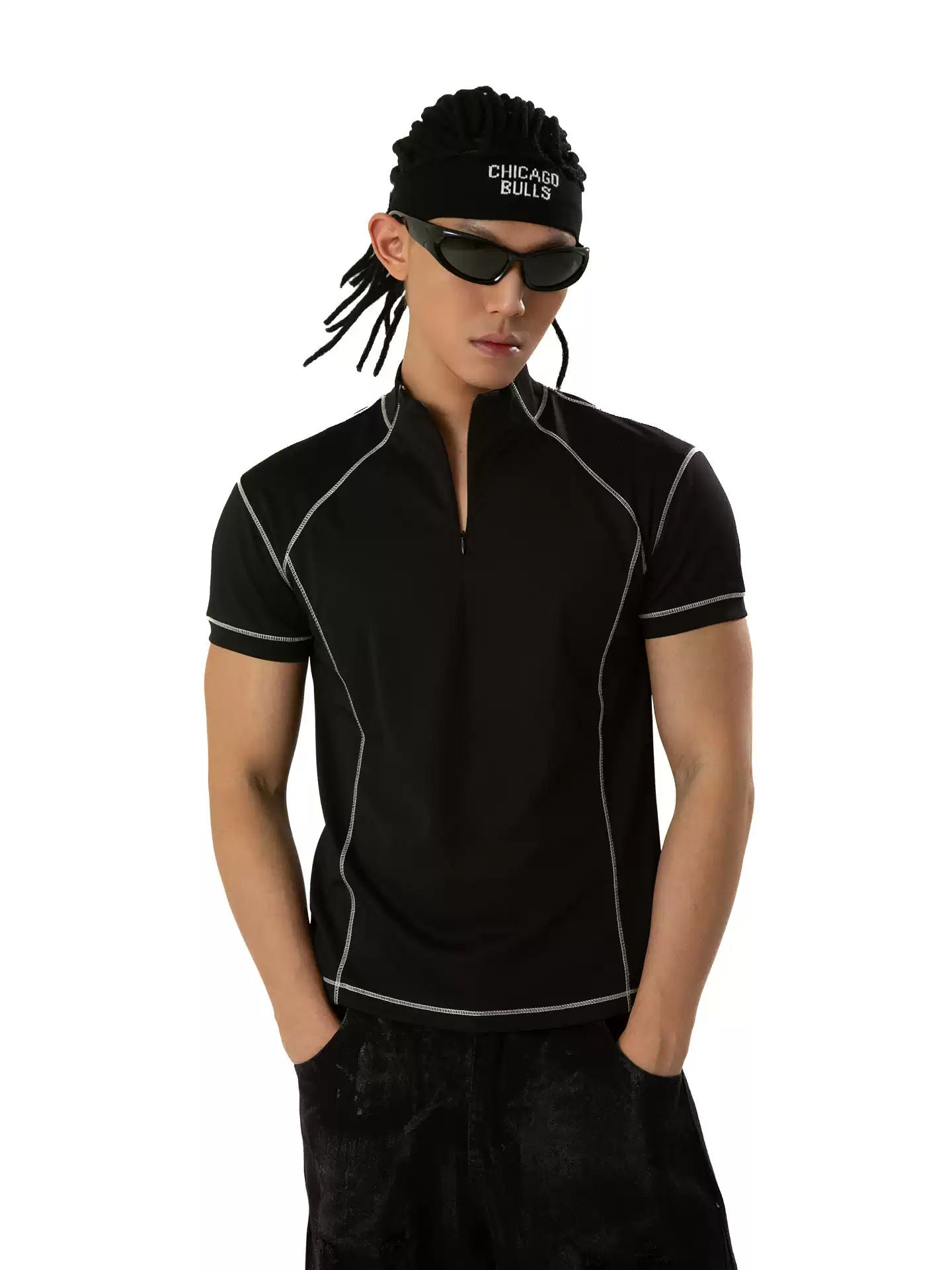 CLP Black Structural Line Half Open Collar Short Sleeve T-Shirt Men's Slim Fit Sport Casual Y2K