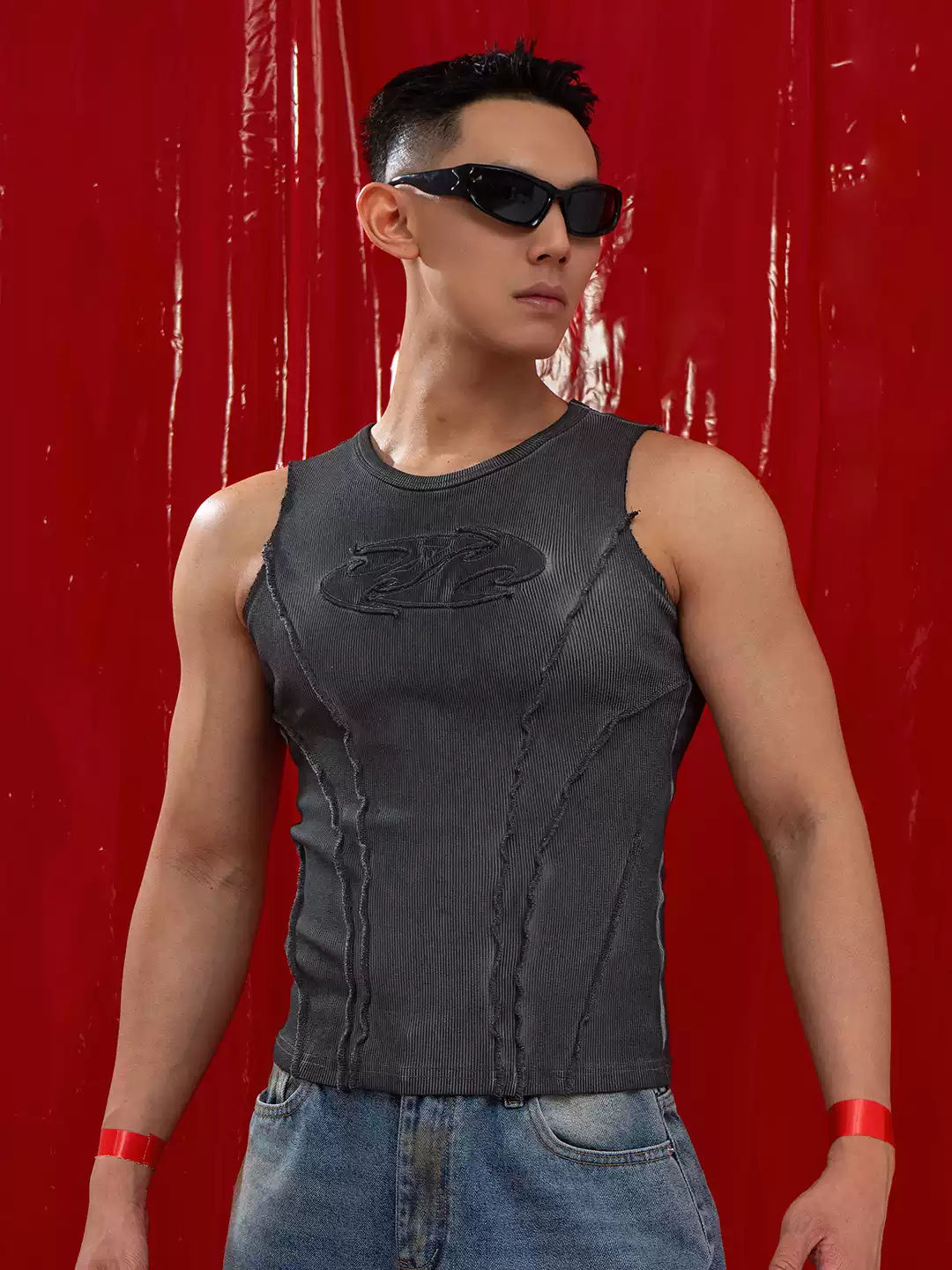CLP Dark Gray Frayed Cutout Knit Vest Men's Slim Fit Muscle Retro Streetwear