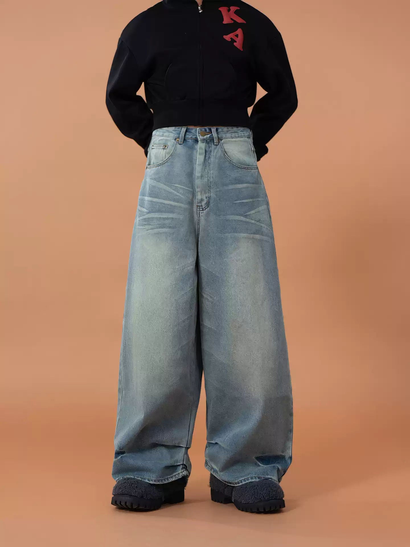 CLP Blue Crease Print Design Jeans Men Loose Wide Leg Straight Retro Casual Washed Curved Knife Pants