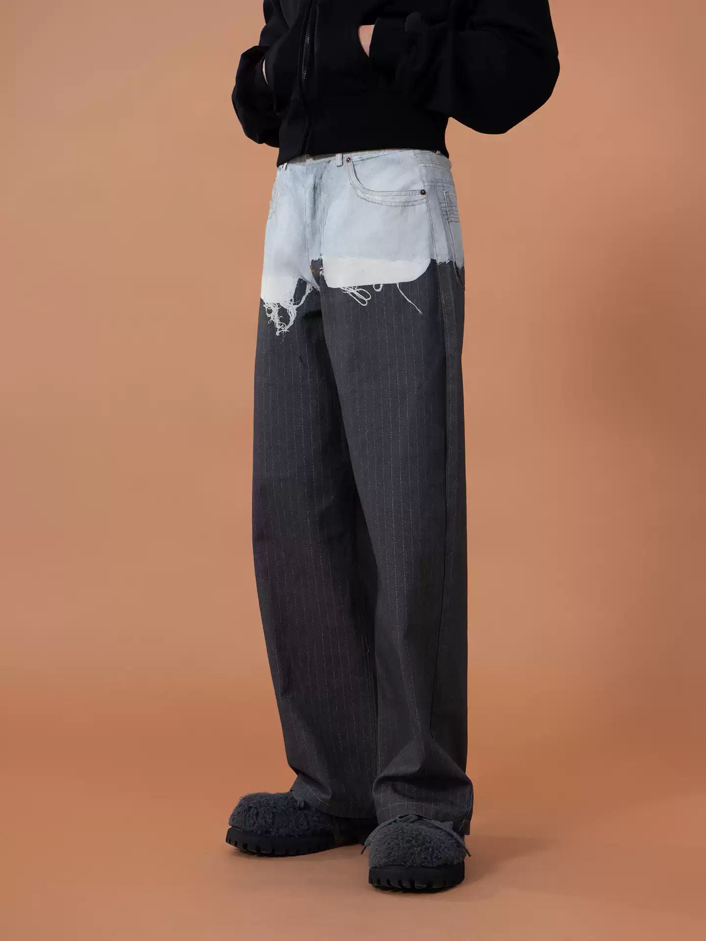 CLP Gray Contrast Pocket Print Stripe Jeans Men's Loose Wide Leg Straight Casual Streetwear Retro