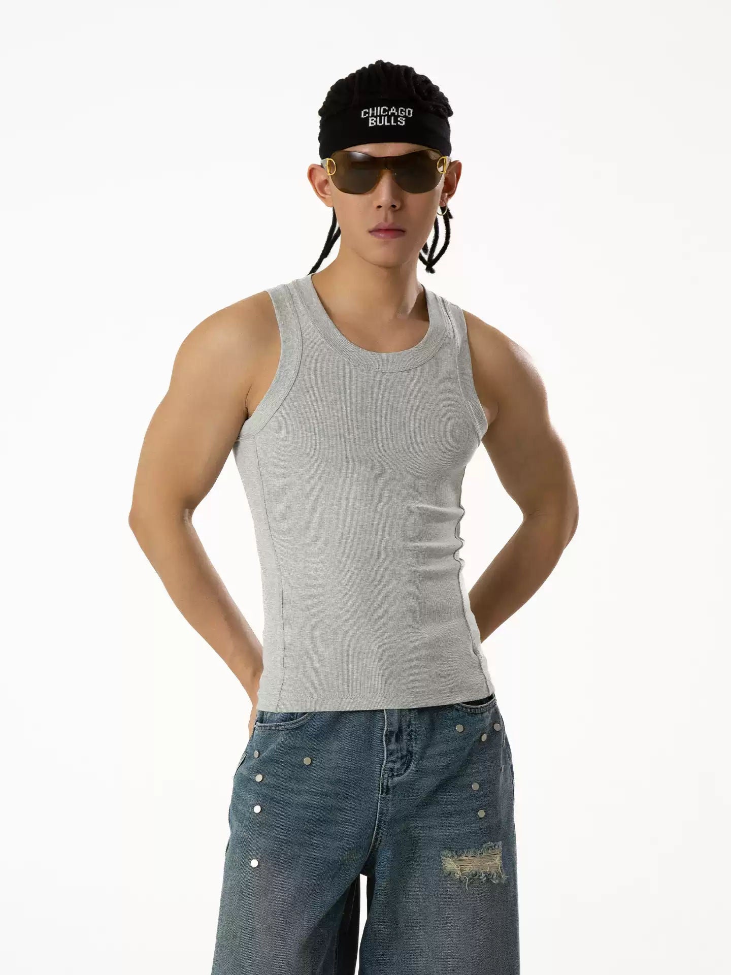 CLP Black White Gray Slim Fit Knit Ribbed Tank Top Men's Stretch Muscle Vest Casual Streetwear